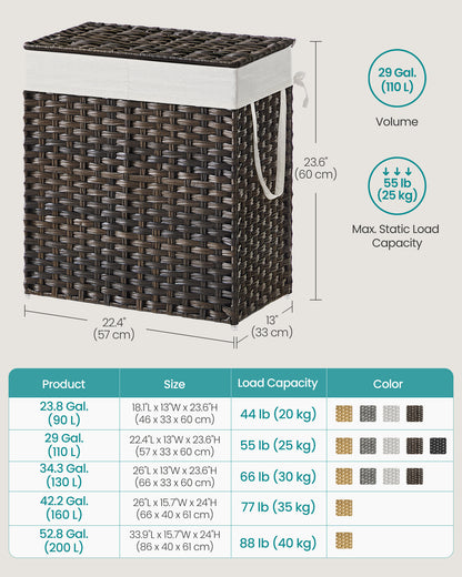 SONGMICS 110L Laundry Hamper with Lid Clothes Hamper with 2 Removable Liner Bags & 6 Mesh Bags Brown