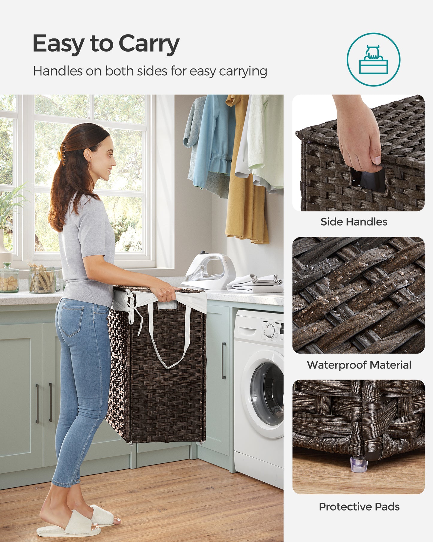 SONGMICS 110L Laundry Hamper with Lid Clothes Hamper with 2 Removable Liner Bags & 6 Mesh Bags Brown