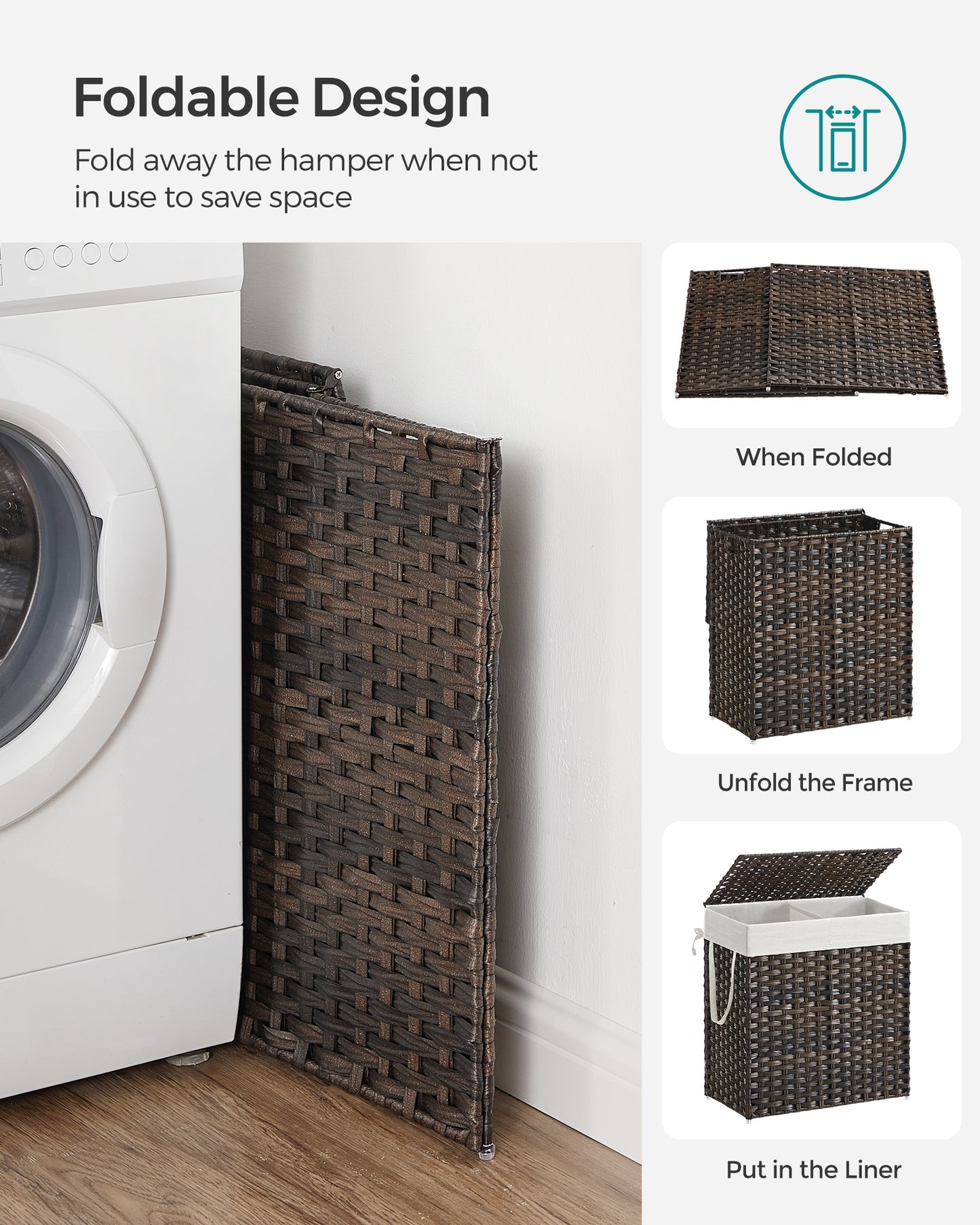 SONGMICS 110L Laundry Hamper with Lid Clothes Hamper with 2 Removable Liner Bags & 6 Mesh Bags Brown