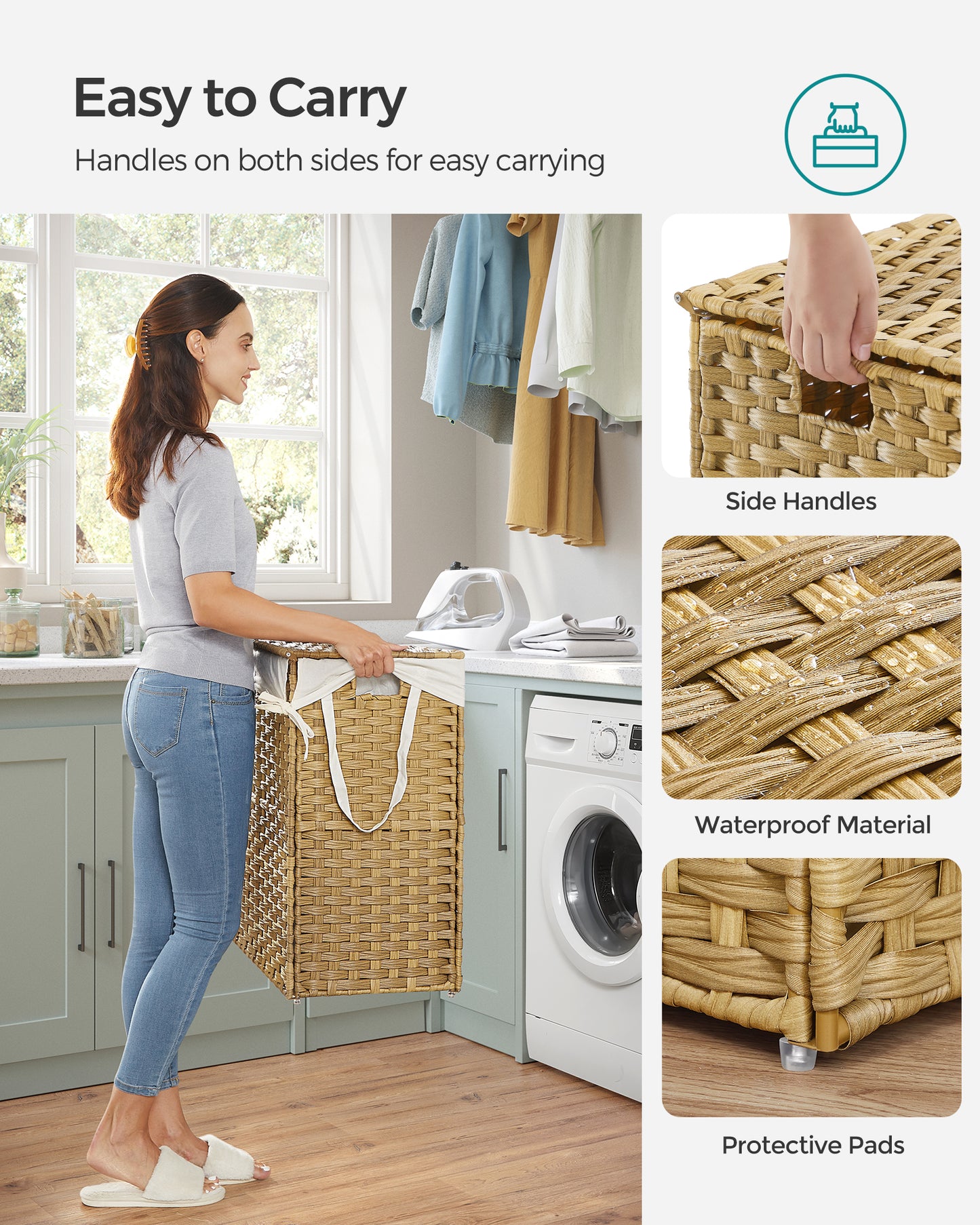 SONGMICS 110L Laundry Hamper with Lid Clothes Hamper with 2 Removable Liner Bags & 6 Mesh Bags Natural