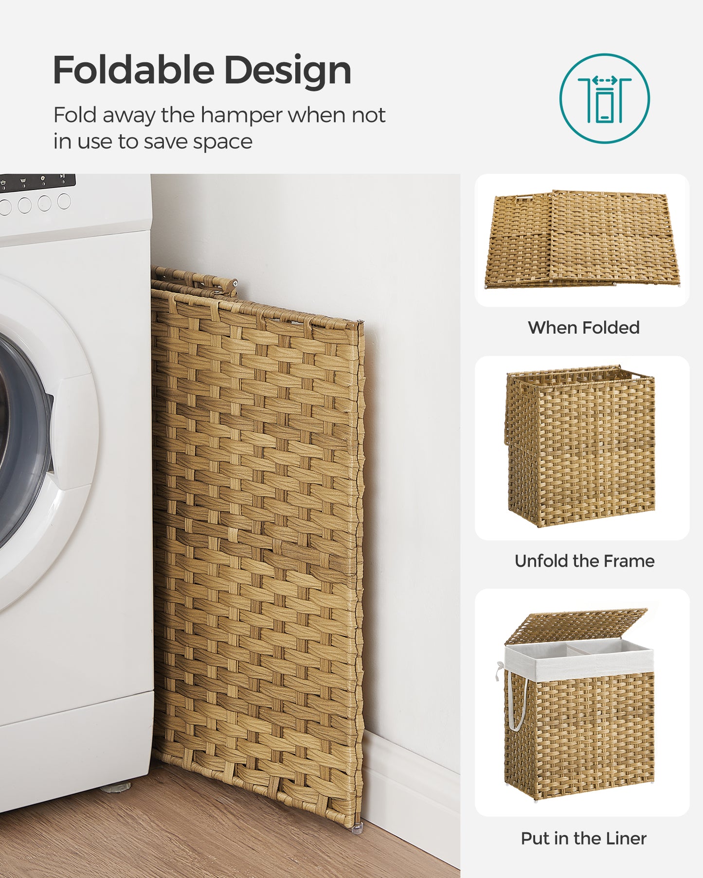SONGMICS 110L Laundry Hamper with Lid Clothes Hamper with 2 Removable Liner Bags & 6 Mesh Bags Natural