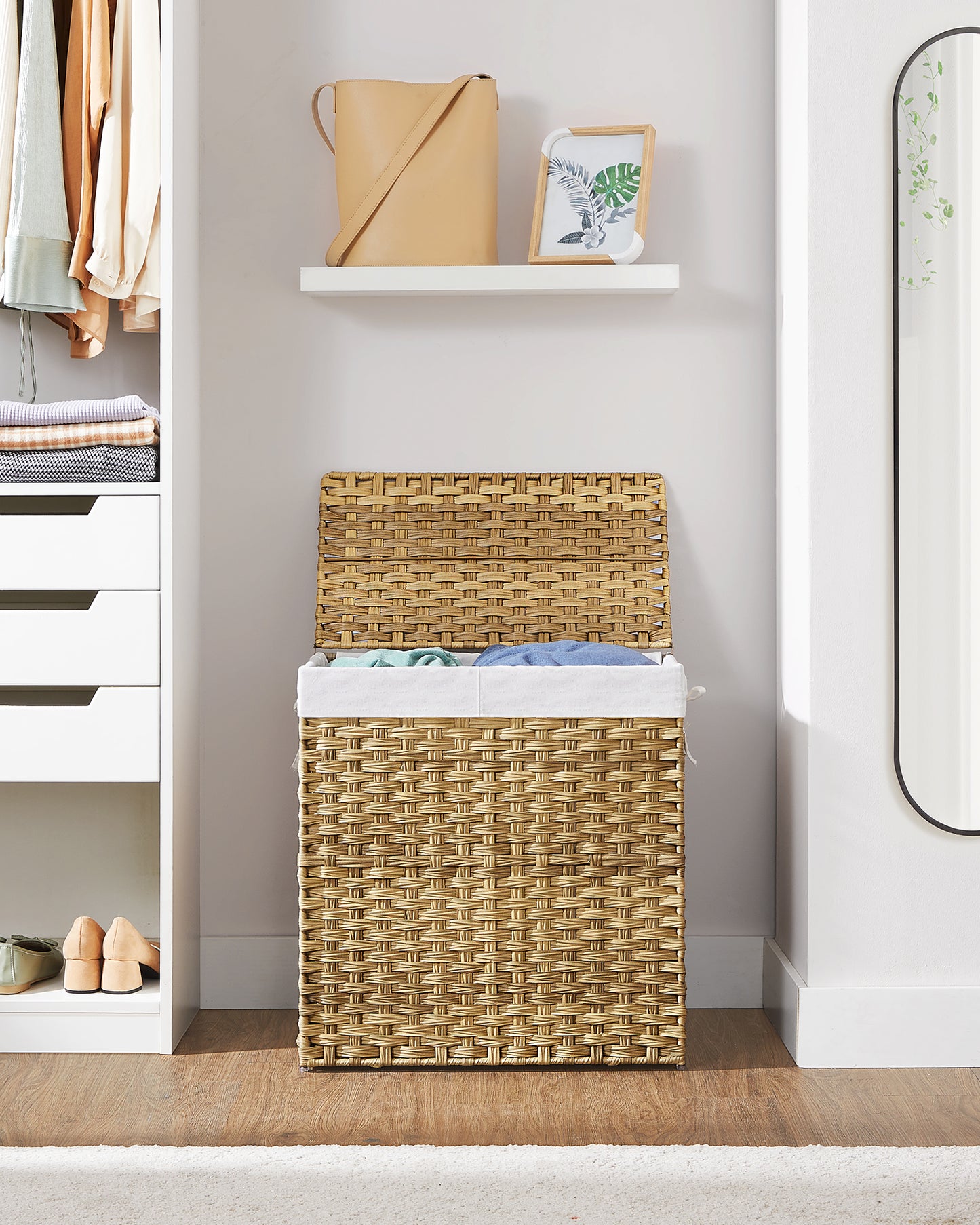 SONGMICS 110L Laundry Hamper with Lid Clothes Hamper with 2 Removable Liner Bags & 6 Mesh Bags Natural