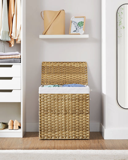 SONGMICS 110L Laundry Hamper with Lid Clothes Hamper with 2 Removable Liner Bags & 6 Mesh Bags Natural