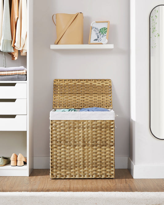 SONGMICS 110L Laundry Hamper with Lid Clothes Hamper with 2 Removable Liner Bags & 6 Mesh Bags Natural