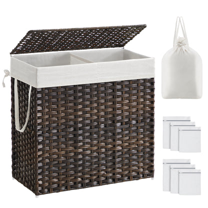 SONGMICS Laundry Hamper with Lid, 130L Clothes Hamper with 2 Removable Liner Bags and 6 Mesh Bags, Wicker Laundry Basket, Double Laundry Hamper for Bathroom, 13 x 26 x 23.6 Inches, Brown