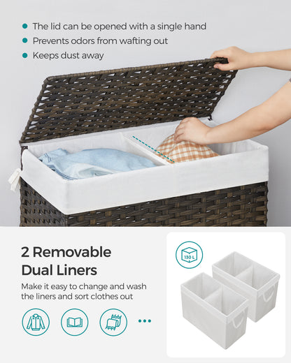 SONGMICS Laundry Hamper with Lid, 130L Clothes Hamper with 2 Removable Liner Bags and 6 Mesh Bags, Wicker Laundry Basket, Double Laundry Hamper for Bathroom, 13 x 26 x 23.6 Inches, Brown