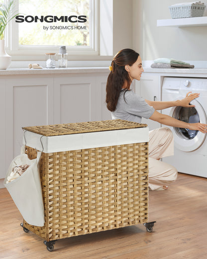 SONGMICS Laundry Hamper with Lid, 37 Gallons (140 L), Rolling Laundry Basket with Wheels, 3-Section Synthetic Rattan, Removable Liner, Natural