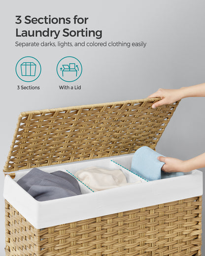 SONGMICS Laundry Hamper with Lid, 37 Gallons (140 L), Rolling Laundry Basket with Wheels, 3-Section Synthetic Rattan, Removable Liner, Natural