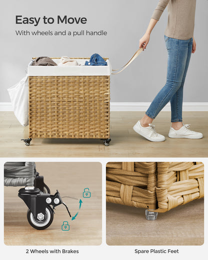 SONGMICS Laundry Hamper with Lid, 37 Gallons (140 L), Rolling Laundry Basket with Wheels, 3-Section Synthetic Rattan, Removable Liner, Natural