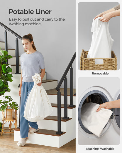 SONGMICS Laundry Hamper with Lid, 37 Gallons (140 L), Rolling Laundry Basket with Wheels, 3-Section Synthetic Rattan, Removable Liner, Natural