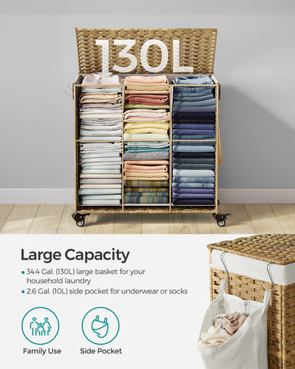 SONGMICS Laundry Hamper with Lid, 37 Gallons (140 L), Rolling Laundry Basket with Wheels, 3-Section Synthetic Rattan, Removable Liner, Natural