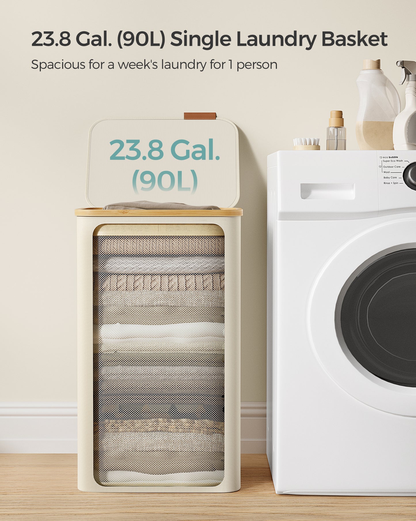 SONGMICS Laundry Hamper with Lid, Large Laundry Basket, 23.8 Gallons (90L), Removable Mesh Liner, Bamboo Handles, Collapsible Cream White