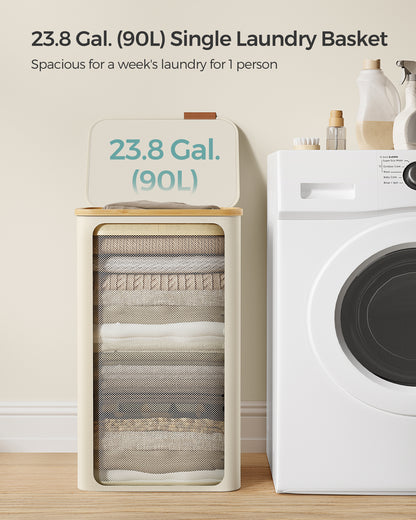 SONGMICS Laundry Hamper with Lid, Large Laundry Basket, 23.8 Gallons (90L), Removable Mesh Liner, Bamboo Handles, Collapsible Cream White