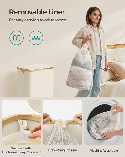 SONGMICS Laundry Hamper with Lid, Large Laundry Basket, 23.8 Gallons (90L), Removable Mesh Liner, Bamboo Handles, Collapsible Cream White
