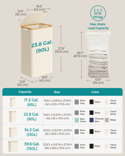 SONGMICS Laundry Hamper with Lid, Large Laundry Basket, 23.8 Gallons (90L), Removable Mesh Liner, Bamboo Handles, Collapsible Cream White