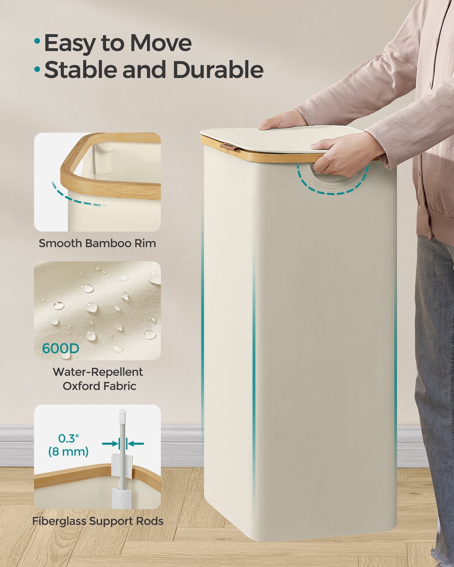 SONGMICS Laundry Hamper with Lid, Large Laundry Basket, 23.8 Gallons (90L), Removable Mesh Liner, Bamboo Handles, Collapsible Cream White