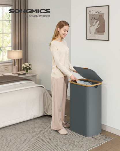 SONGMICS Laundry Hamper, Laundry Basket with Lid, Foldable Storage Basket, Bamboo Frame, Oxford Fabric, 26.4 Gal. (100 L), Slate Gray