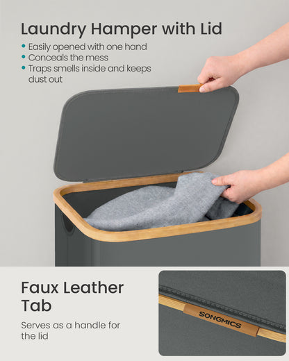 SONGMICS Laundry Hamper, Laundry Basket with Lid, Foldable Storage Basket, Bamboo Frame, Oxford Fabric, 26.4 Gal. (100 L), Slate Gray