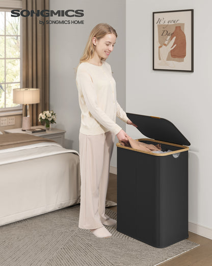 SONGMICS Laundry Hamper, Laundry Basket with Lid, Foldable Storage Basket, Bamboo Frame, for Bedroom, Living Room, Oxford Fabric, 37 Gal. (140 L), Ink Black
