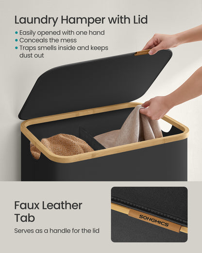 SONGMICS Laundry Hamper, Laundry Basket with Lid, Foldable Storage Basket, Bamboo Frame, for Bedroom, Living Room, Oxford Fabric, 37 Gal. (140 L), Ink Black