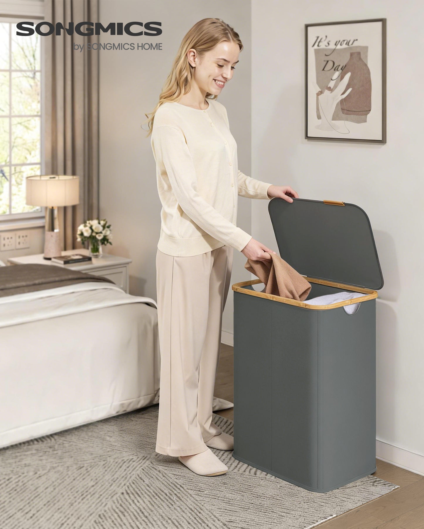 SONGMICS Laundry Hamper, Laundry Basket with Lid, Foldable Storage Basket, Bamboo Frame, for Bedroom, Living Room, Oxford Fabric, 37 Gal. (140 L), Slate Gray