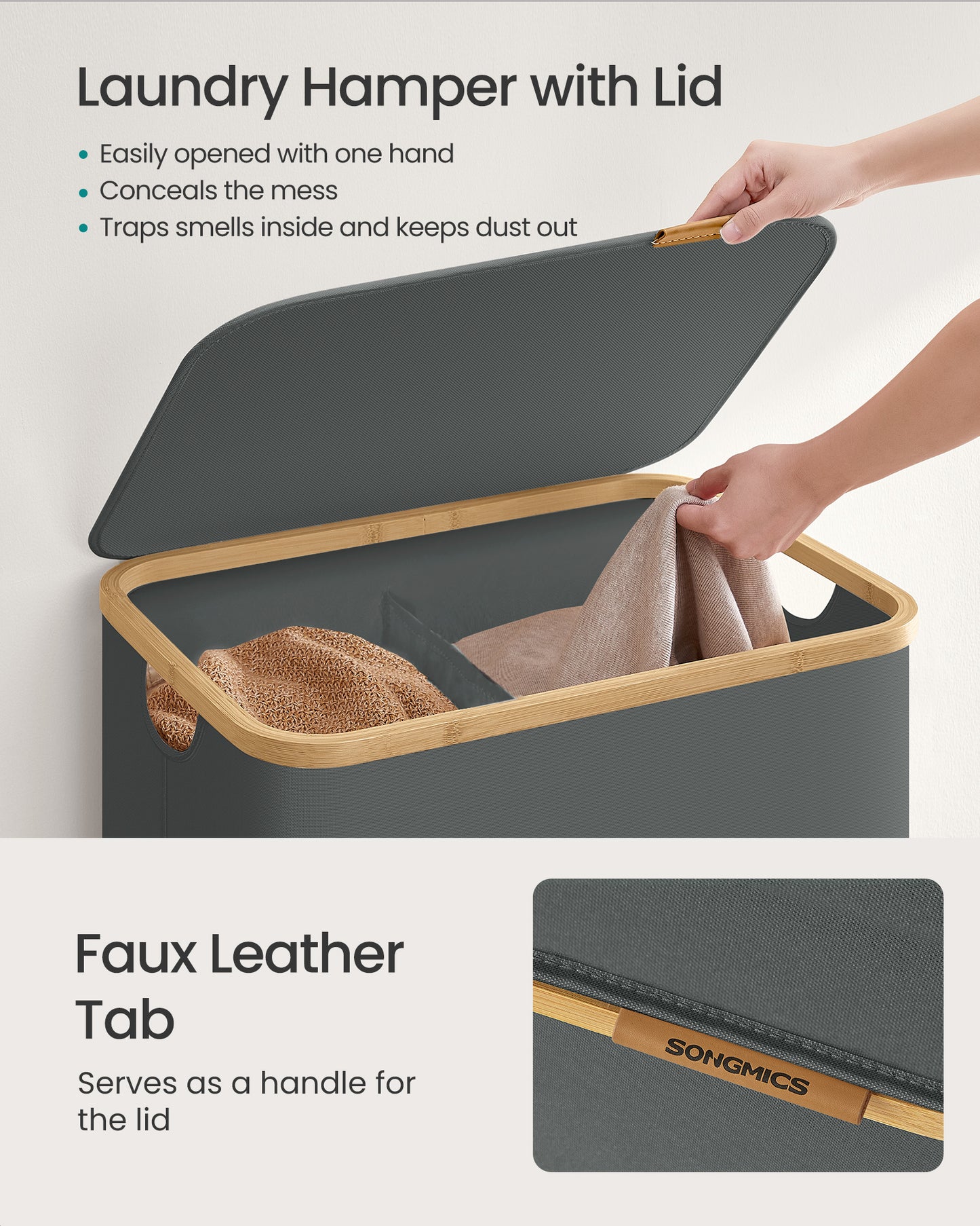 SONGMICS Laundry Hamper, Laundry Basket with Lid, Foldable Storage Basket, Bamboo Frame, for Bedroom, Living Room, Oxford Fabric, 37 Gal. (140 L), Slate Gray
