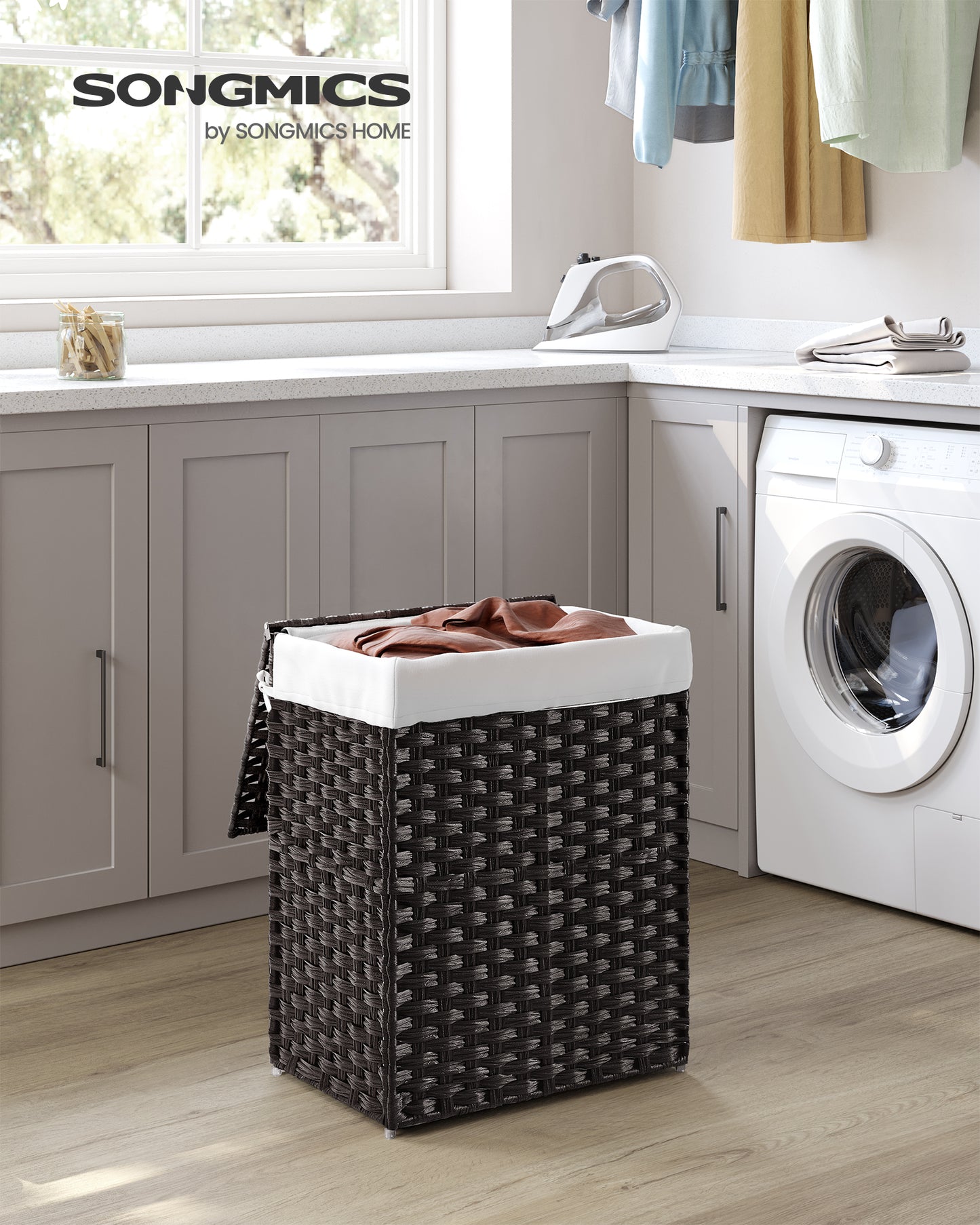 SONGMICS Handwoven Laundry Hamper, 23.8 Gal (90L) Synthetic Rattan Clothes Laundry Basket with Lid and Handles, Foldable, Removable Liner Bag, Black