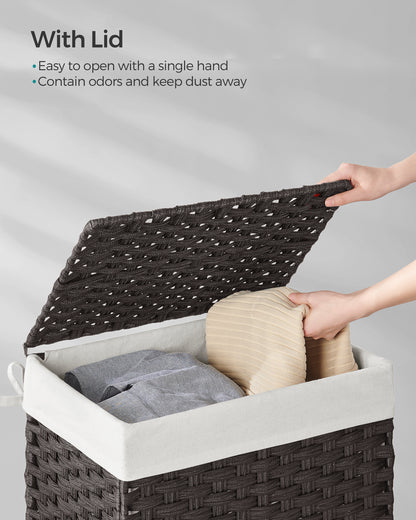 SONGMICS Handwoven Laundry Hamper, 23.8 Gal (90L) Synthetic Rattan Clothes Laundry Basket with Lid and Handles, Foldable, Removable Liner Bag, Black