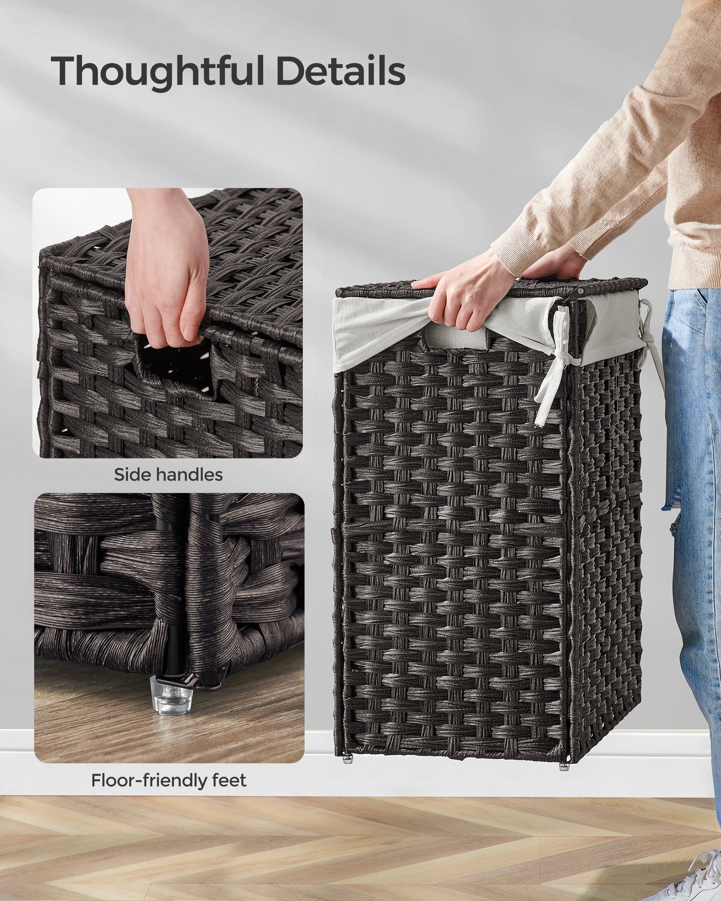 SONGMICS Handwoven Laundry Hamper, 23.8 Gal (90L) Synthetic Rattan Clothes Laundry Basket with Lid and Handles, Foldable, Removable Liner Bag, Black
