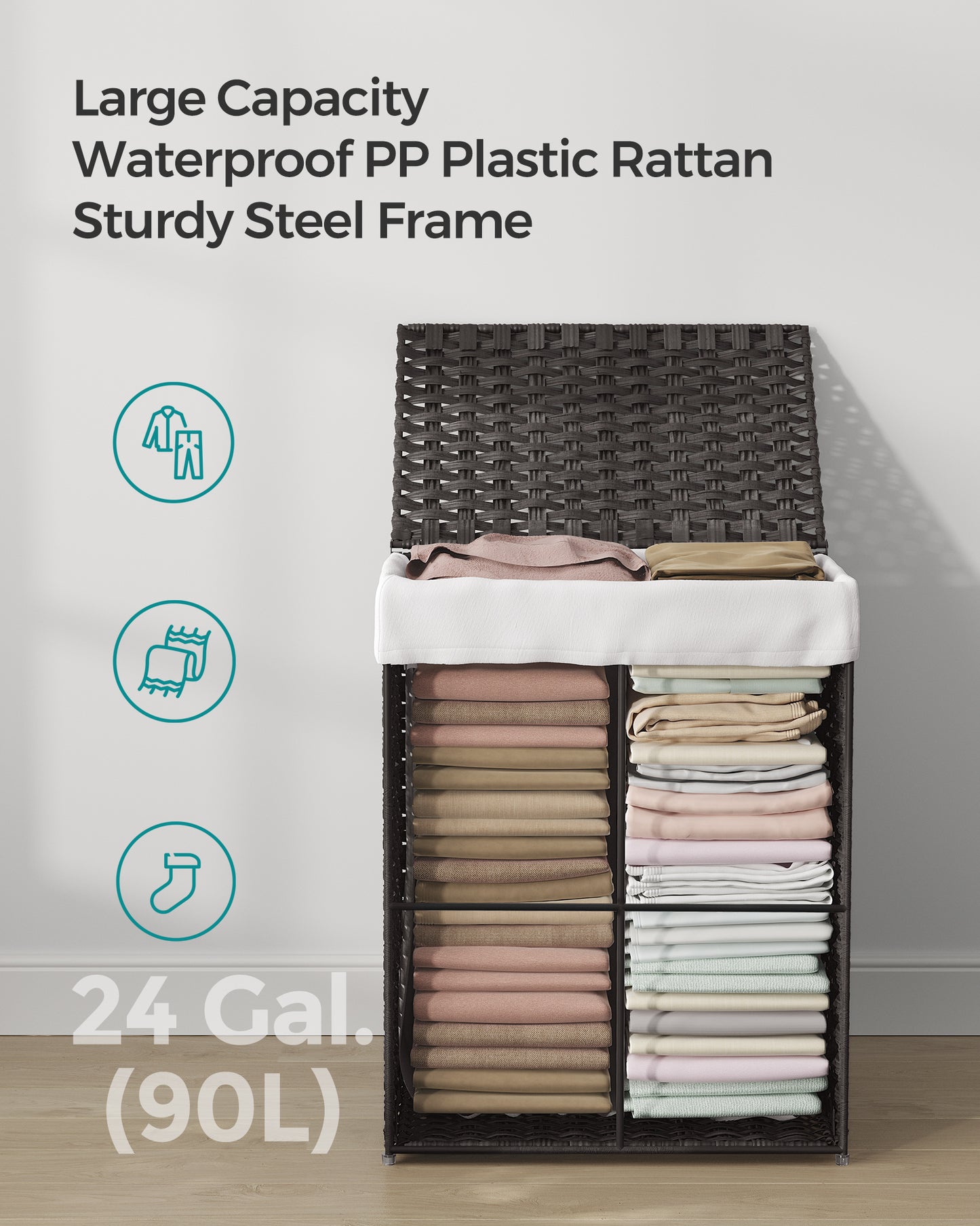 SONGMICS Handwoven Laundry Hamper, 23.8 Gal (90L) Synthetic Rattan Clothes Laundry Basket with Lid and Handles, Foldable, Removable Liner Bag, Black