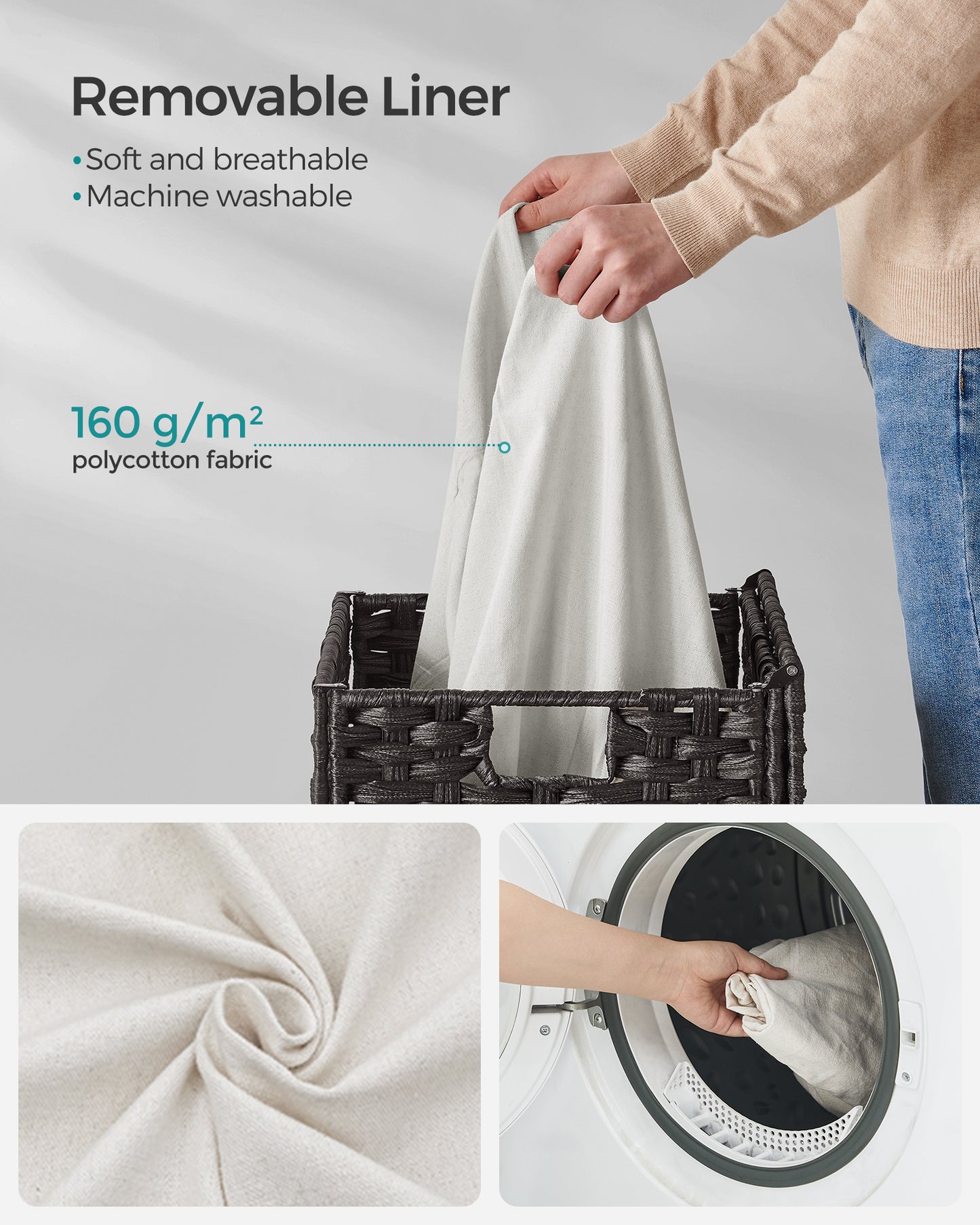 SONGMICS Handwoven Laundry Hamper, 23.8 Gal (90L) Synthetic Rattan Clothes Laundry Basket with Lid and Handles, Foldable, Removable Liner Bag, Black