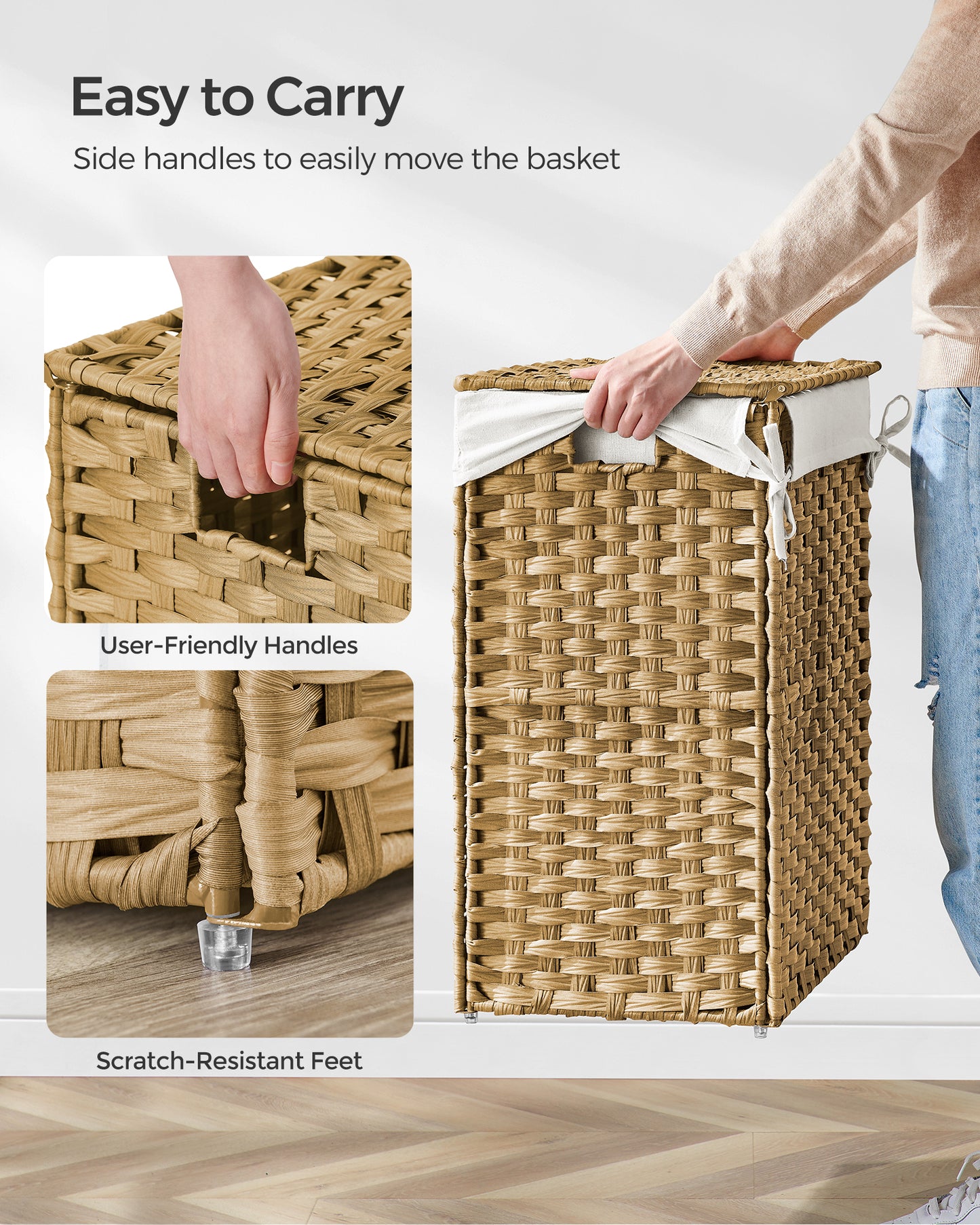Laundry Hamper Sorter 23.8 Gal Synthetic Rattan Clothes Laundry Basket Storage with Lid and Handles, Removable Liner Laundry Sorter