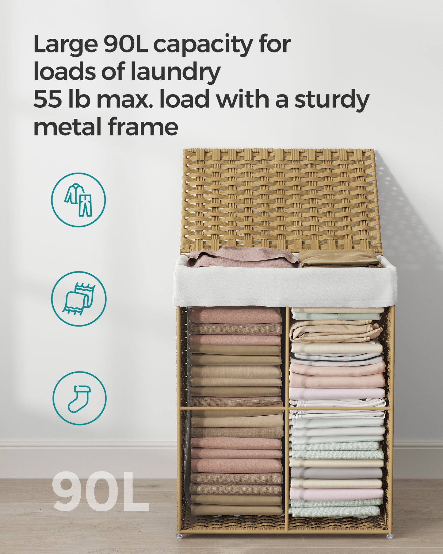 Laundry Hamper Sorter 23.8 Gal Synthetic Rattan Clothes Laundry Basket Storage with Lid and Handles, Removable Liner Laundry Sorter