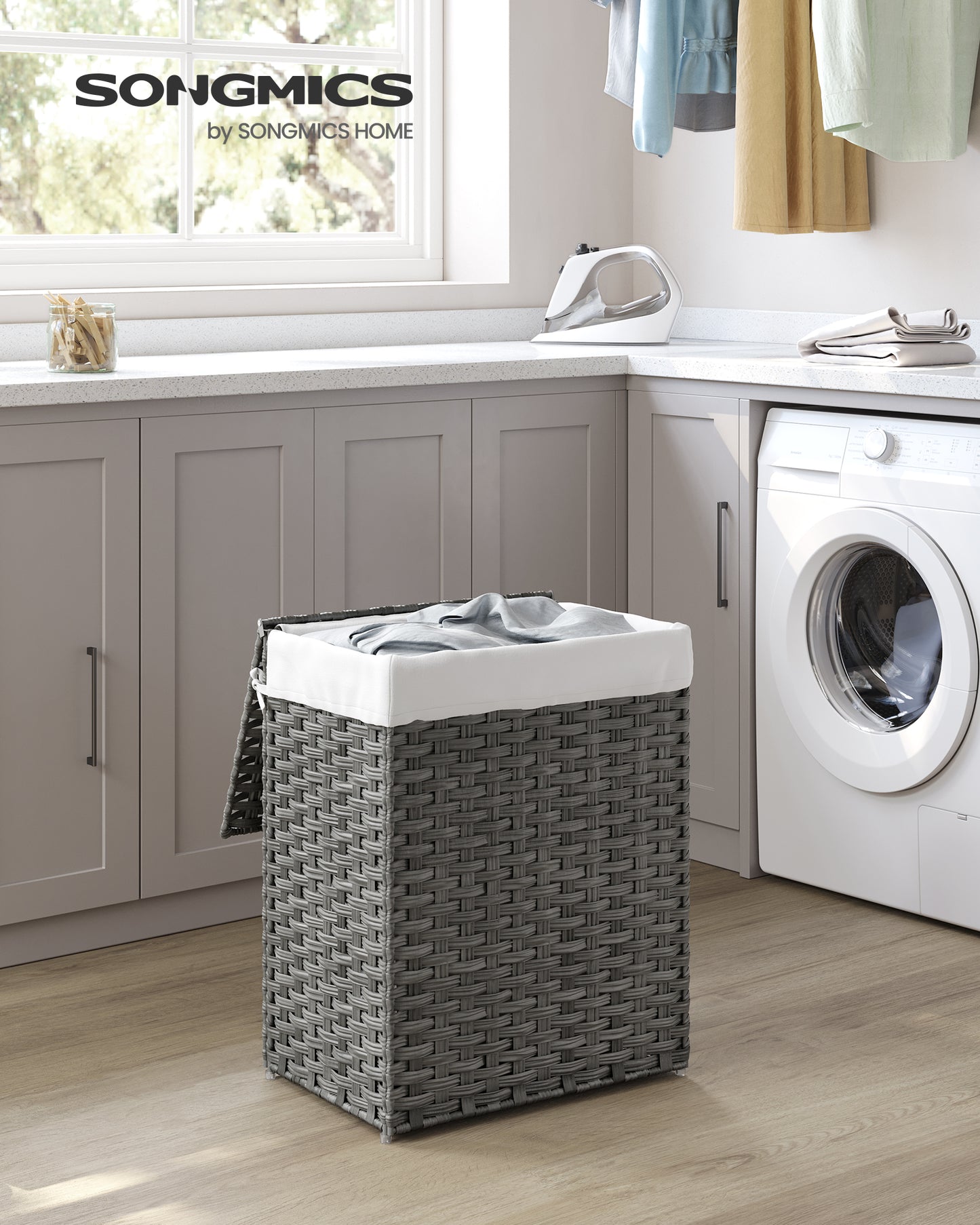 Laundry Hamper Sorter 23.8 Gal Synthetic Rattan Clothes Laundry Basket Storage with Lid and Handles, Removable Liner Laundry Sorter