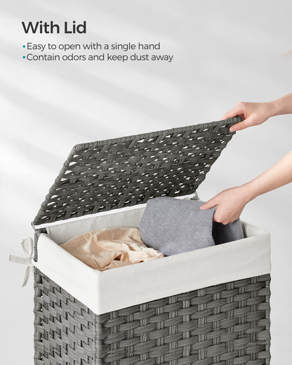 SONGMICS 23 Gallons Laundry Hamper with Lid Bamboo Laundry Basket Foldable with Handles Gray