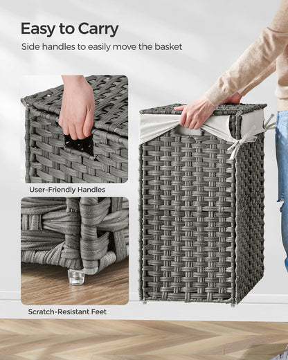 SONGMICS 23 Gallons Laundry Hamper with Lid Bamboo Laundry Basket Foldable with Handles Gray