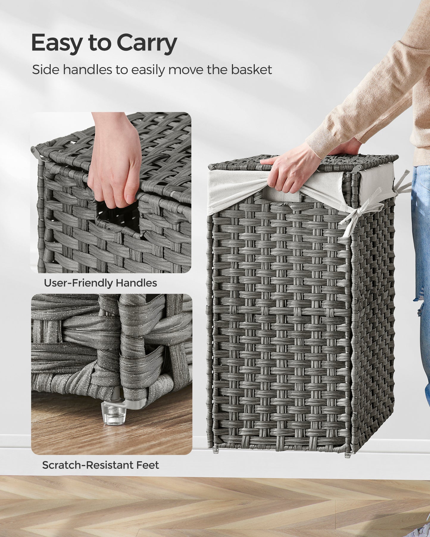 Laundry Hamper Sorter 23.8 Gal Synthetic Rattan Clothes Laundry Basket Storage with Lid and Handles, Removable Liner Laundry Sorter