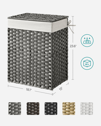 SONGMICS 23 Gallons Laundry Hamper with Lid Bamboo Laundry Basket Foldable with Handles Gray