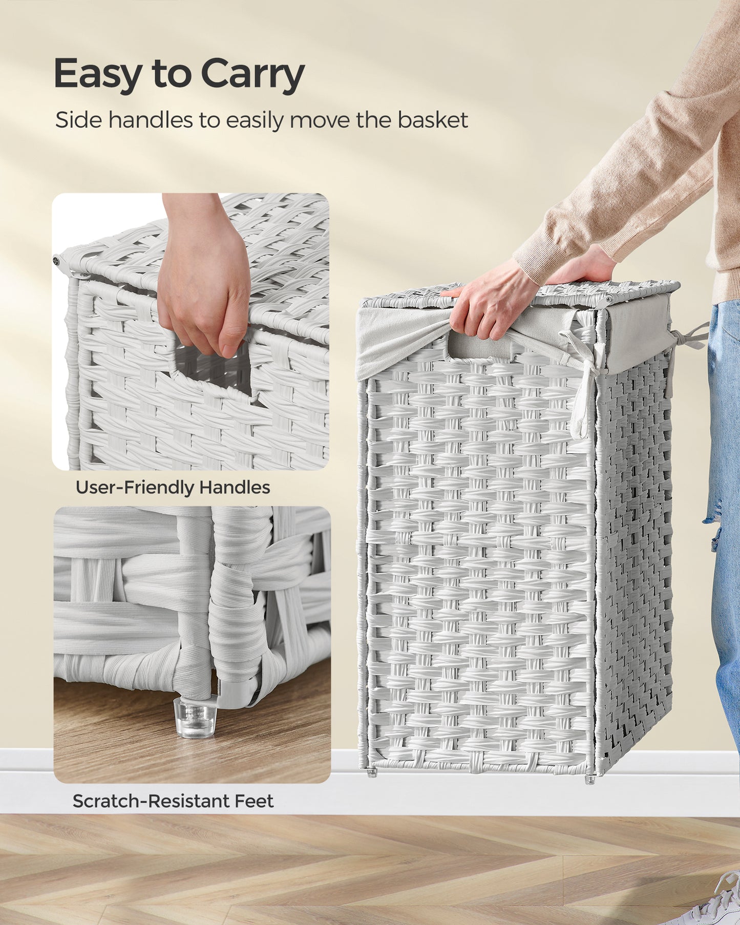 Laundry Hamper Sorter 23.8 Gal Synthetic Rattan Clothes Laundry Basket Storage with Lid and Handles Removable Liner Laundry Sorter