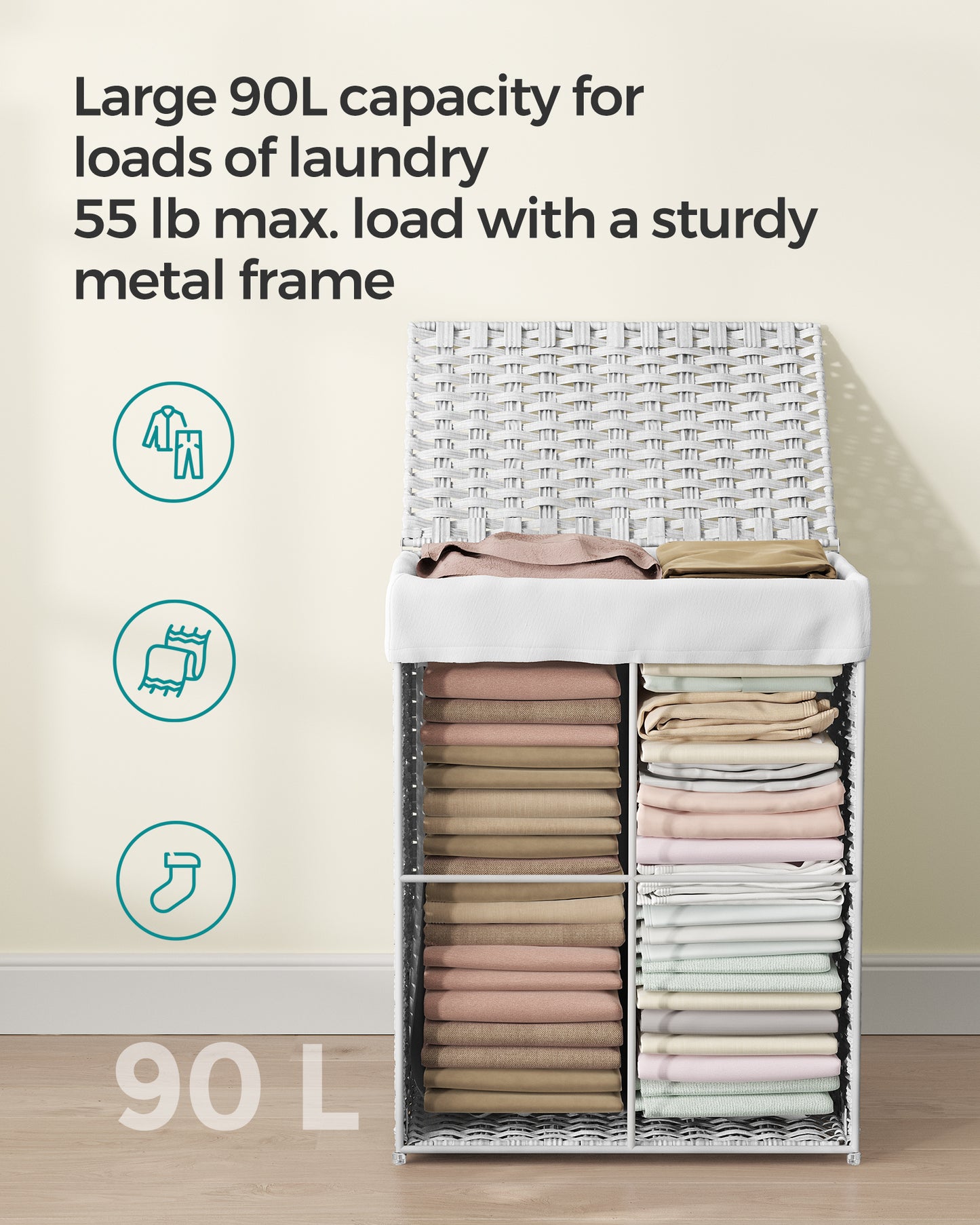 Laundry Hamper Sorter 23.8 Gal Synthetic Rattan Clothes Laundry Basket Storage with Lid and Handles Removable Liner Laundry Sorter