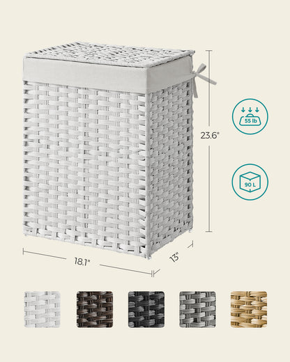 SONGMICS 23.8 Gal (90L) Laundry Hamper Laundry Basket with Lid and Handles Wicker hamper White