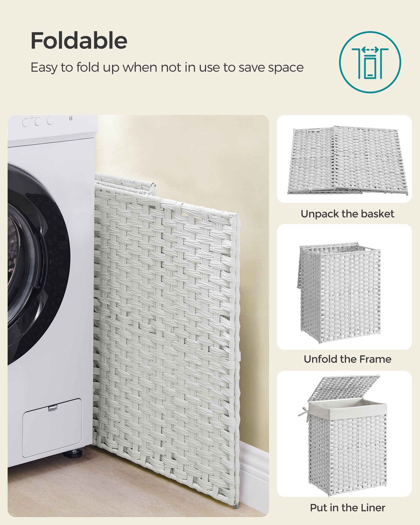 SONGMICS 23.8 Gal (90L) Laundry Hamper Laundry Basket with Lid and Handles Wicker hamper White