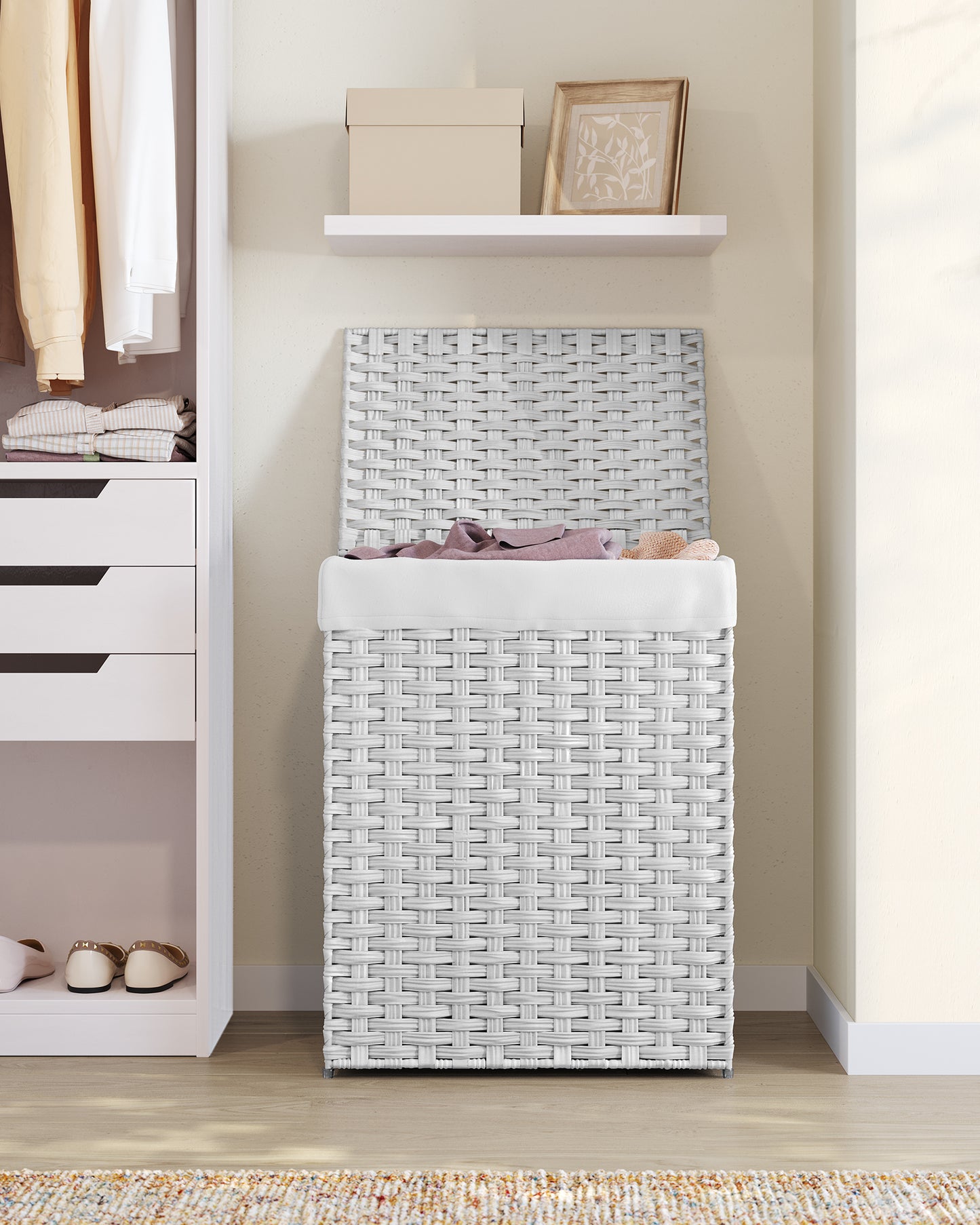 SONGMICS 23.8 Gal (90L) Laundry Hamper Laundry Basket with Lid and Handles Wicker hamper White