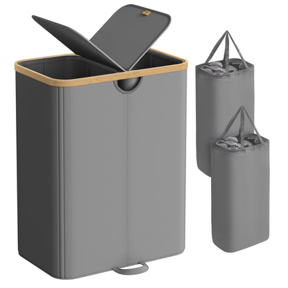 Laundry Hamper with 2 Lids, 39 Gal Dual Compartment Basket with Removable Liners, for Laundry Room Bedroom Living Room, Slate Gray & Bamboo