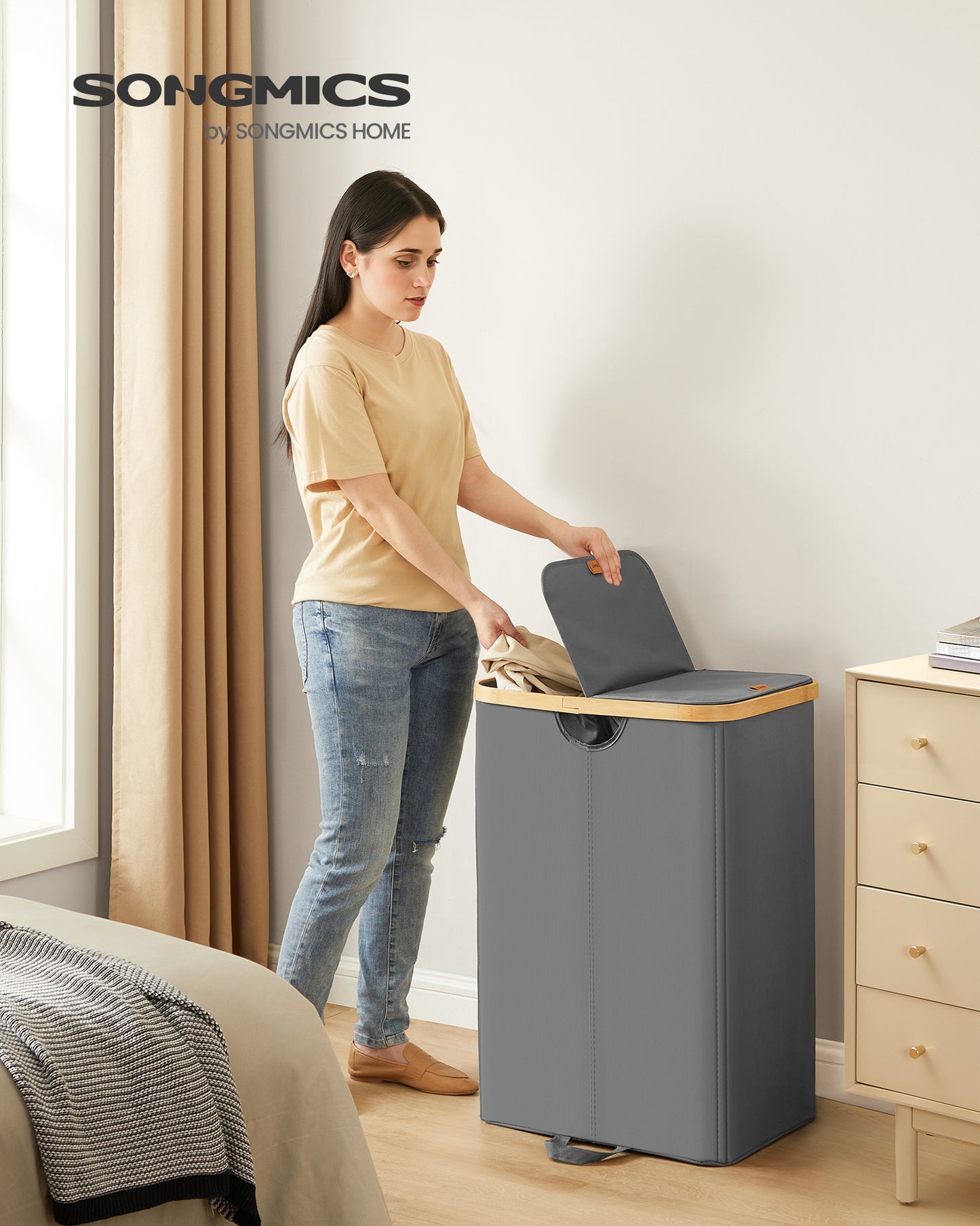 Laundry Hamper with 2 Lids, 39 Gal Dual Compartment Basket with Removable Liners, for Laundry Room Bedroom Living Room, Slate Gray & Bamboo