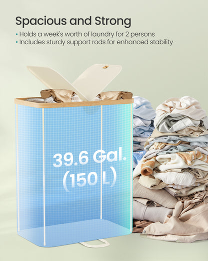 Laundry Hamper with 2 Lids, 39 Gal Dual Compartment Basket with Removable Liners, for Laundry Room Bedroom Living Room, Cream White & Bamboo