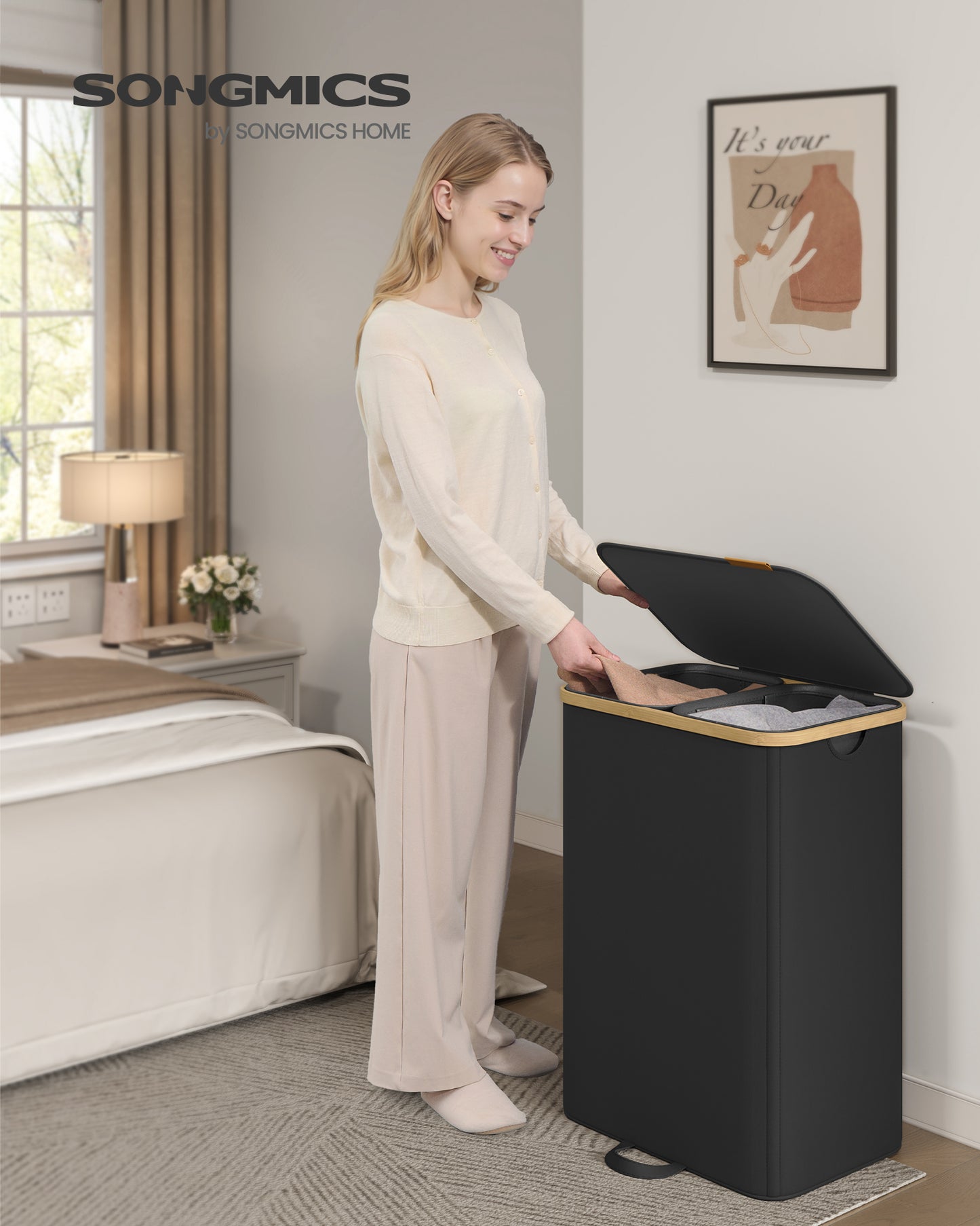 SONGMICS Laundry Hamper, Laundry Sorter with Lid, Storage Basket Bin, Removable Liners, Bamboo Frame, 2 Sections, 39.6 Gal. (150 L), Ink Black