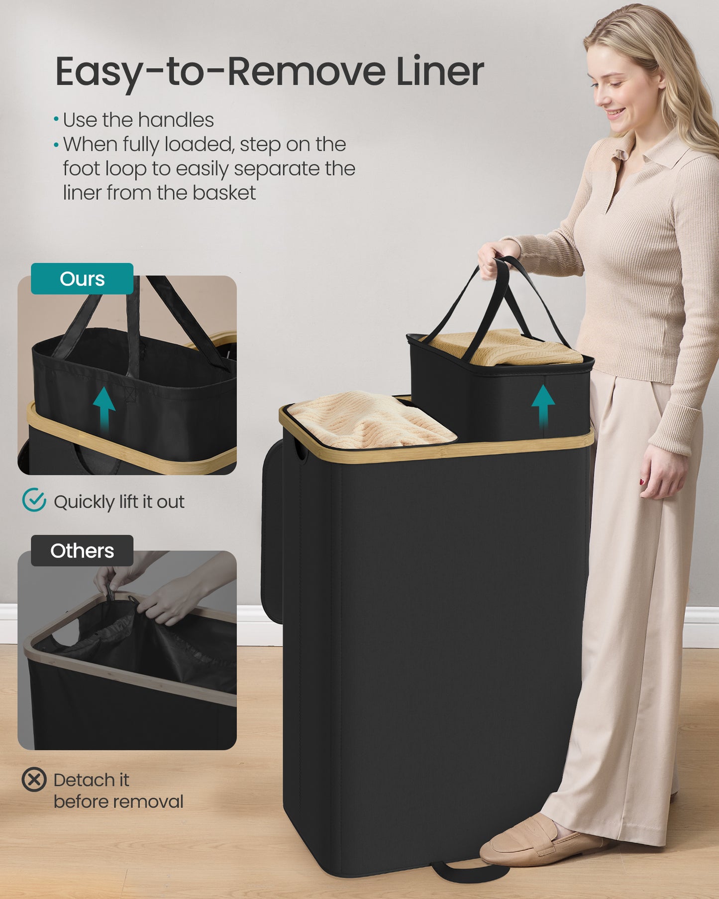 SONGMICS Laundry Hamper, Laundry Sorter with Lid, Storage Basket Bin, Removable Liners, Bamboo Frame, 2 Sections, 39.6 Gal. (150 L), Ink Black