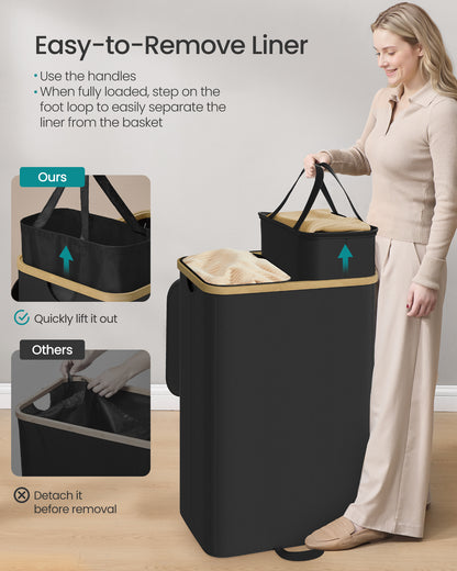 SONGMICS Laundry Hamper, Laundry Sorter with Lid, Storage Basket Bin, Removable Liners, Bamboo Frame, 2 Sections, 39.6 Gal. (150 L), Ink Black