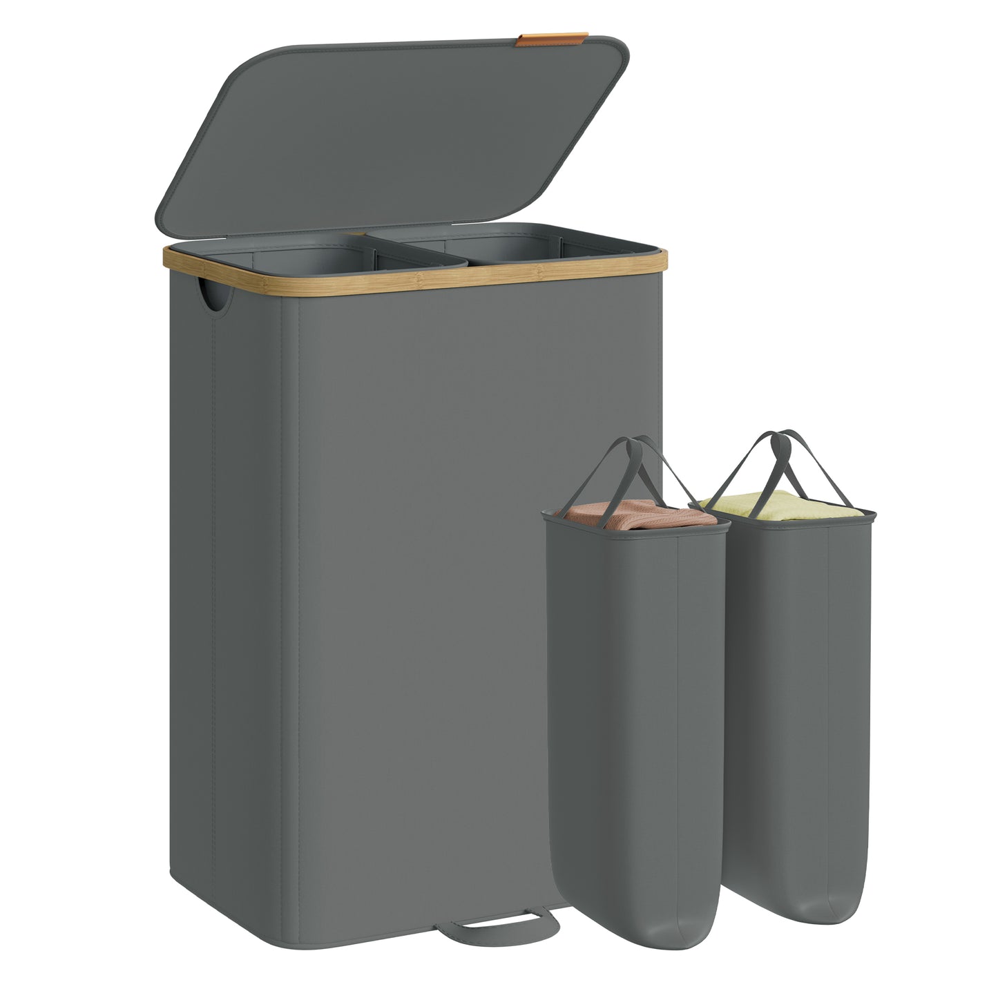 SONGMICS Laundry Hamper, Laundry Sorter with Lid, Storage Basket Bin, Removable Liners, Bamboo Frame, 2 Sections, 39.6 Gal. (150 L), Slate Gray